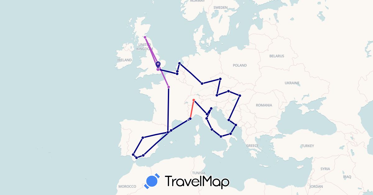 TravelMap itinerary: driving, train, hiking in Austria, Belgium, Switzerland, Czech Republic, Germany, Spain, France, United Kingdom, Croatia, Hungary, Italy, Monaco, Netherlands (Europe)